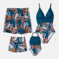 Family Matching Plant Print Scallop Edge Spliced One-piece Swimsuit and Swim Trunks Blue image 1