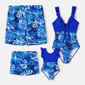 Family Matching Plant Print Swim Trunks and Blue Ruffle Trim Spliced One-piece Swimsuit Blue image 1