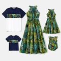 Family Matching 95% Cotton Allover Tropical Plant Print Halter Midi Dresses Short-sleeve Colorblock Tee Sets Multi-color image 1