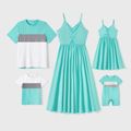 Family Matching 95% Cotton Solid V Neck Ruched Cami Dresses and Colorblock Short-sleeve Tee Sets lightbluewhite image 1