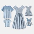 Family Matching Blue Striped Off Shoulder Short-sleeve Shirred Dresses and Spliced Tee Set BLUE WHITE image 1
