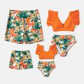 Family Matching Tropical Plant Print Ruffle-sleeve Top & Shorts Swimsuit Orange color image 1