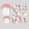 Family Matching Allover Floral Print Notched Neck Belted Dresses and Short-sleeve Colorblock T-shirts Sets Colorful image 1