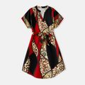 Family Matching Leopard Print Colorblock V Neck Belted Short-sleeve Dresses and T-shirts Sets Multi-color image 2