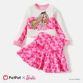 Barbie 2pcs Kid Girl Plaid Colorblock Long-sleeve Tee and Bowknot Design Skirt Set Pink image 1