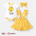 Looney Tunes 3pcs Baby Girl Cotton Short-sleeve Graphic Romper and Polka Dot Print Ruffle Trim Suspender Skirt & Headband Set Yellow image 1