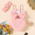Toddler Girl Solid Color Back Bowknot Design Ribbed Slip Onepiece Swimsuits Pink image 1