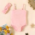 Toddler Girl Solid Color Back Bowknot Design Ribbed Slip Onepiece Swimsuits Pink image 2