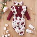 3pcs Baby Girl Solid Cotton Long-sleeve Romper and Rabbit & Floral Print Ruffle Trim Suspender Pants with Headband Set WineRed image 1