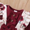 3pcs Baby Girl Solid Cotton Long-sleeve Romper and Rabbit & Floral Print Ruffle Trim Suspender Pants with Headband Set WineRed image 5