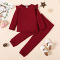 Eco-friendly RPET Fabric 2pcs Toddler Girl Ruffled Waffle Solid Color Long-sleeve Tee and Pants Set WineRed image 1