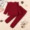Eco-friendly RPET Fabric 2pcs Toddler Girl Ruffled Waffle Solid Color Long-sleeve Tee and Pants Set WineRed image 2