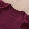 3pcs Baby Girl Solid Cotton Ribbed Ruffle Long-sleeve Romper and Floral Print Naia™ Belted Pants & Headband Set WineRed image 3