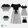 Family Matching Cotton Striped Short-sleeve T-shirts and Off Shoulder Belted Spliced Dresses Sets BlackandWhite image 1