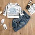 2pcs Baby Boy 95% Cotton Long-sleeve Elephant Embroidered Striped Sweatshirt & Jeans Set DENIMBLUE image 1