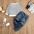 2pcs Baby Boy 95% Cotton Long-sleeve Elephant Embroidered Striped Sweatshirt & Jeans Set DENIMBLUE image 2