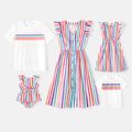 Family Matching Colorful Striped Flutter-sleeve Dresses and Short-sleeve Tee Sets COLOREDSTRIPES image 1