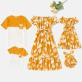 Family Matching Cotton Short-sleeve Colorblock T-shirts and Floral Print Off Shoulder Belted Dresses Sets Yellow image 1