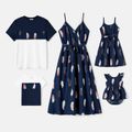 Family Matching Allover Feather Print Belted Cami Dresses and Short-sleeve Spliced Tee Sets Tibetanbluewhite image 1