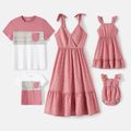 Family Matching Allover Print Strappy Dresses and Short-sleeve Striped Colorblock T-shirts Sets Pink image 1