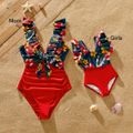Family Matching Floral Print & Solid Spliced Ruffle Trim One-piece Swimsuit and Swim Trunks Red image 3
