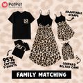 Family Matching 95% Cotton Short-sleeve T-shirts and Rib Knit Spliced Leopard Belted Cami Dresses Sets Black image 2