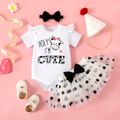 3pcs Baby Girl 95% Cotton Ruffle Short-sleeve Letter & Cow Print Romper and Polka Dots Mesh Skirt & Headband Set White image 1