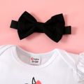 3pcs Baby Girl 95% Cotton Ruffle Short-sleeve Letter & Cow Print Romper and Polka Dots Mesh Skirt & Headband Set White image 5