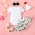 3pcs Baby Girl 95% Cotton Ruffle Short-sleeve Letter & Cow Print Romper and Polka Dots Mesh Skirt & Headband Set White image 4