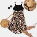 Family Matching 95% Cotton Short-sleeve T-shirts and Rib Knit Spliced Leopard Belted Cami Dresses Sets Black image 4