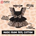 2pcs Baby Girl 95% Cotton Solid & Leopard Print Layered Ruffle Trim Sleeveless Romper and Headband Set Black image 4