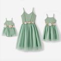 Mommy and Me Cotton Ribbed Floral Embroidered Cami Mesh Dresses Green image 1