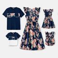 Family Matching Cotton Short-sleeve Spliced Tee and Allover Floral Print Flutter-sleeve Belted Dresses Sets Tibetanbluewhite image 1