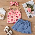3pcs Baby Girl Cotton Ribbed Allover Ladybird Print Cami Top and Bow Decor Ruffled Skirt & Headband Set Pink image 1
