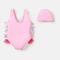 Care Bears Baby Girl 2pcs Bear Print Colorful Ruffle Trim One-piece Swimsuit & Cap Set Light Pink image 5