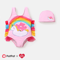 Care Bears Baby Girl 2pcs Bear Print Colorful Ruffle Trim One-piece Swimsuit & Cap Set Light Pink image 1