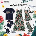 Family Matching All Over Floral Print V Neck Spaghetti Strap Midi Dresses and Splicing Short-sleeve T-shirts Sets royalblue image 2