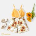 Baby Girl Floral Applique Design Sunflower Print & Solid Spliced Cami Romper Yellow image 1