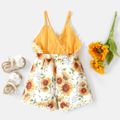 Baby Girl Floral Applique Design Sunflower Print & Solid Spliced Cami Romper Yellow image 2