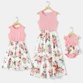 Family Matching 95% Cotton Short-sleeve Colorblock Polo Shirts and Floral Print Naia™ Spliced Tank Dresses Sets Pink image 2