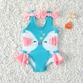 Baby Girl Fish Print Bow Decor Ruffle Trim One-piece Swimsuit Multi-color image 2
