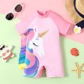 Baby Girl Unicorn Print Colorful Ruffle Trim Short-sleeve One-piece Swimsuit Pink image 1