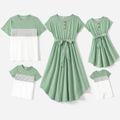 Family Matching Solid Short-sleeve Belted Dresses and Striped Colorblock T-shirts Sets Green image 1