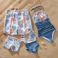 Family Matching Solid & Leaf-print Halter Neck One-piece Swimsuit or Swim Trunks Shorts Blue image 1