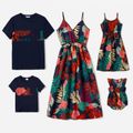 Family Matching Plant Floral Print Slip Dresses and Short-sleeve T-shirts Sets Deep Blue image 1