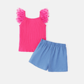 Barbie Toddler/Kid Girl 2pcs Letter Print Polka Dots Mesh Sleeve Ribbed Top and Belted Shorts Set Hot Pink image 2