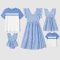 Family Matching Allover Floral Print Ruffle-sleeve Dresses and Striped Colorblock T-shirts Sets Blue image 1