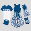Family Matching Plant Print Splice Belted Tank Dresses and Color Block Short-sleeve T-shirts Sets Blue image 1