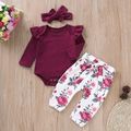 3pcs Baby Girl 95% Cotton Ruffle Long-sleeve Romper and Floral Print Pants with Headband Set Deep Magenta image 1