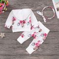 3pcs Flower Patterned Hooded Long-sleeve Baby Set White